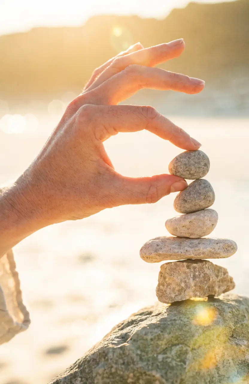 A hand gently placing a smooth stone atop a small stone stack in golden light